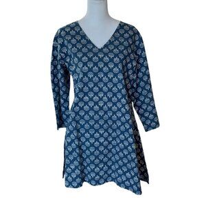 Ayurvastram blue/white hand block printed V neck tunic floral indigo size L